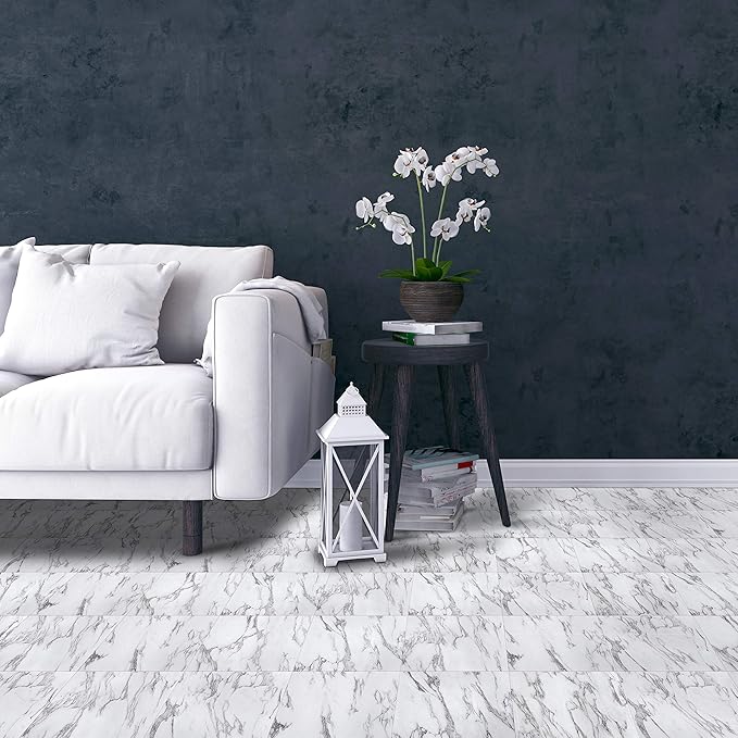 Nexus Self Adhesive 12-Inch Vinyl Floor Tiles, 20 Tiles - 12" x 12", Bianco Marble Pattern - Peel & Stick, DIY Flooring for Kitchen, Dining Room, Bedrooms & Bathrooms by Achim Home Decor