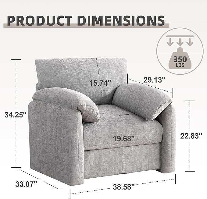 Chenille Oversized Armchair, 38.6" Wide Accent Chairs for Living Room & Bedroom Modern Lounge Chair, Upholstered Mid-Century Reading Chair, Comfy Living Room Chair (LightGrey, 2Pack)