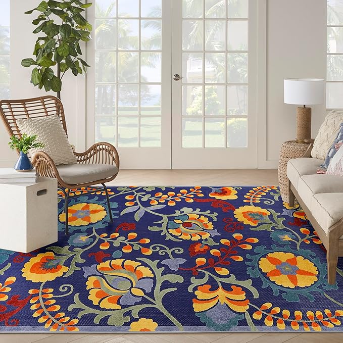 Nourison Home Aloha Navy Multicolor 7'10" x 10'6" Area Rug - Easy Clean, Non Shedding, Bed Room, Living Room, Dining Room, Kitchen (8' x 11')