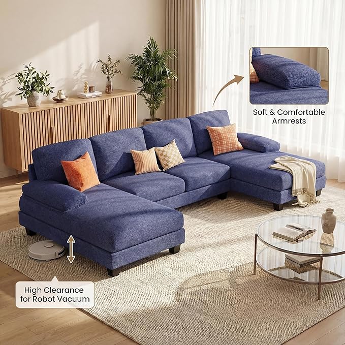 Homall Sectional U Shaped Sofa Couches for Living Room, Comfy Linen Fabric 4 Seat Sofa Set with Removable Pillows, Lounge Chaise Upholstered Couch for for Apartment (Loop Yarn, Navy Blue)