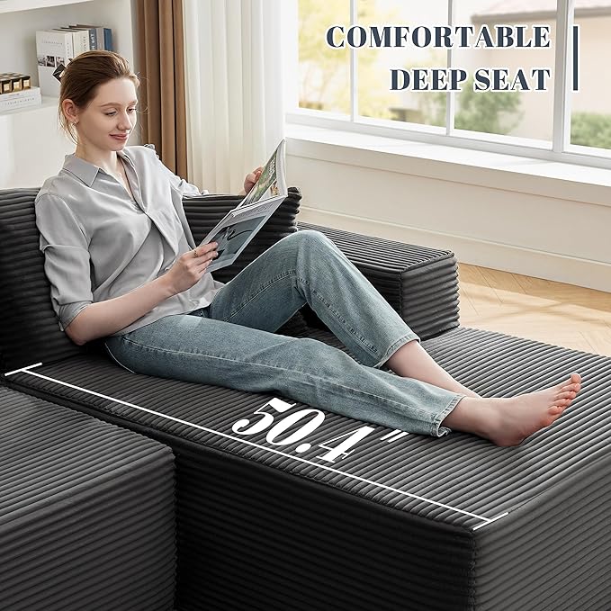 110” Cloud Sectional Couch, Boneless Sofa for Living Room, Modular Sectional Sofa with Deep Seat, Fluffy Couch with L-Shaped Chaise, No Assembly Required (Right-Facing Chaise, Dark Grey)