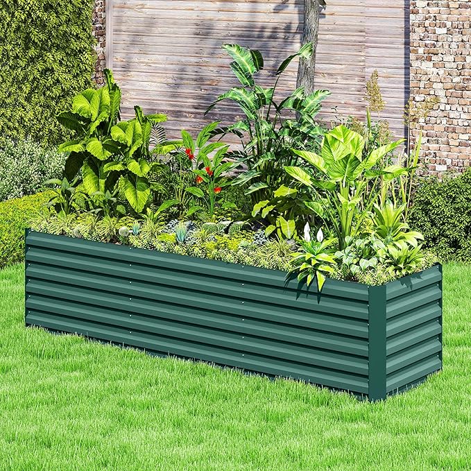 Outsunny 8 x 2 x 2ft Galvanized Raised Garden Bed Kit, Outdoor Metal Elevated Planter Box with Safety Edging, Large Raised Bed for Growing Flowers, Herbs and Vegetables, Green