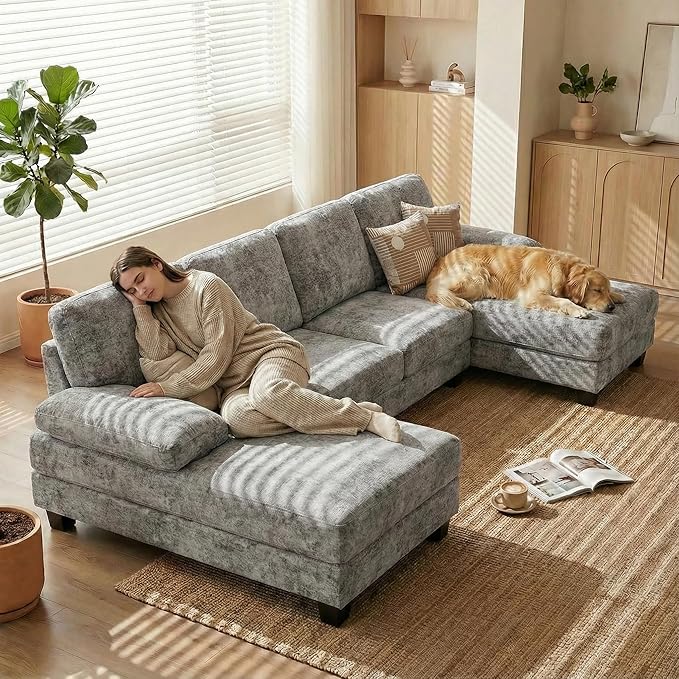 Homall Sectional U Shaped Sofa Couches for Living Room, Comfy Chenille 4 Seat Sofa Set with Removable Pillows, Lounge Chaise Upholstered Couch for for Apartment (Chenille, Grey)