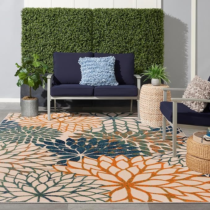 Nourison Home Aloha Indoor/Outdoor Blue Green 10' x 14' Area Rug, Easy Cleaning, Non Shedding, Bed Room, Living Room, Dining Room, Backyard, Deck, Patio (10x14)