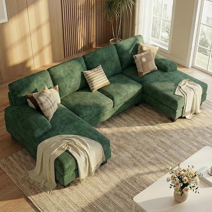 Homall Sectional U Shaped Sofa Couches for Living Room, Comfy Chenille 4 Seat Sofa Set with Removable Pillows, Lounge Chaise Upholstered Couch for for Apartment (Chenille, Green)