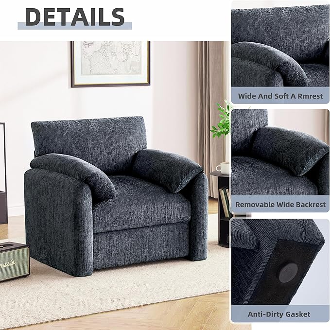 Chenille Oversized Armchair, 38.6" Wide Accent Chairs for Living Room & Bedroom Modern Lounge Chair, Upholstered Mid-Century Reading Chair, Comfy Living Room Chair, Single Sofa Chair, Blue