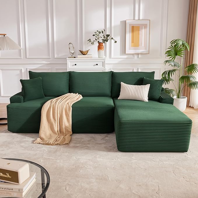 Cloud Sectional Sofa, Boneless Couch for Living Room, Modular Sectional Sofa with Deep Seat, Fluffy L-Shaped Comfy Couch with Right-Facing Chaise, No Assembly Required, Green