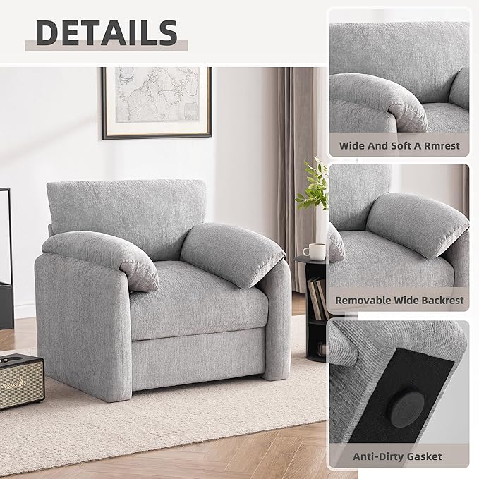 Chenille Oversized Armchair, 38.6" Wide Accent Chairs for Living Room & Bedroom Modern Lounge Chair, Upholstered Mid-Century Reading Chair, Comfy Living Room Chair (LightGrey, 2Pack)