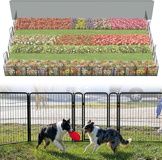 FXW Garden Fence Outdoor for The Yard – 32in(H) x 72.9ft(L) Heavy Duty Metal Animal Barrier for Dog and Rabbit, Decorative Dog Fence, 32 Panels, Black