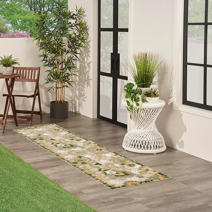 Nourison Home Aloha Ivory Green 2'3" x 8' Area Rug - Easy Clean, Non Shedding, Bed Room, Living Room, Dining Room, Kitchen (8' Runner)