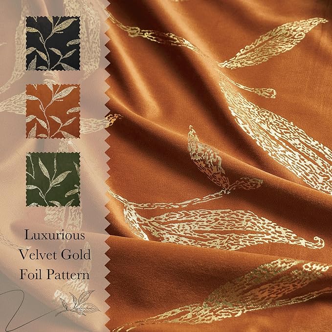 NICETOWN Burnt Orange Velvet Curtains 96" Long with Gold Foil Leaf Print – Mid-Century Modern Terracotta Drapes for Living Room, Luxury Vintage Rust Window Treatments for Holiday Decor, 2 Panels