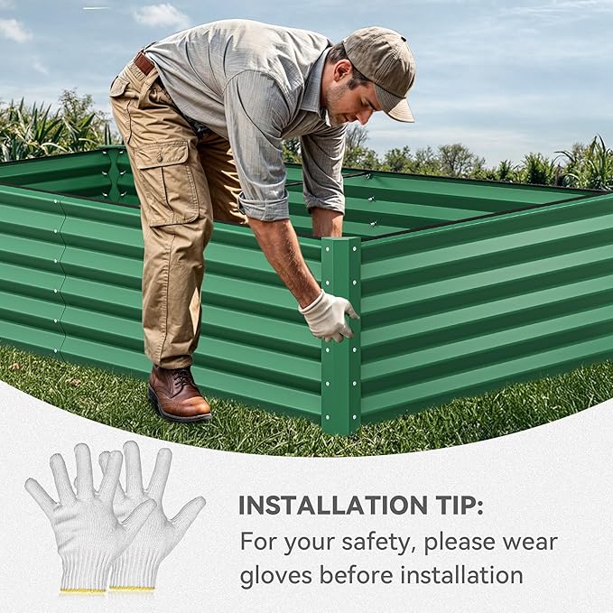 YITAHOME 96x48x24 in Galvanized Raised Garden Bed Kit, Large Metal Planter Box with Gloves, Safety Rubber & Support Rod, Outdoor Flower Bed for Plants Vegetables, Green