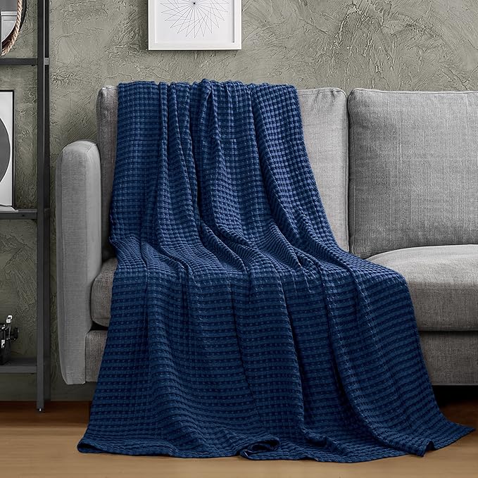 Utopia Bedding Navy 100% Cotton Waffle Blanket 300 GSM [Twin - 90x72 Inch] Soft Lightweight Breathable Bed Blanket for All Season