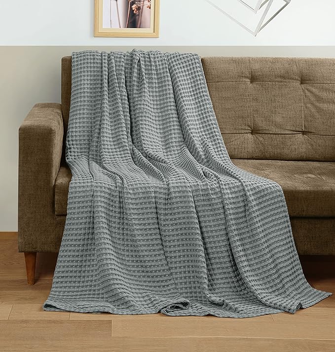 Utopia Bedding Cool Grey 100% Cotton Waffle Blanket 300 GSM [Queen - 90x90 Inch] Soft Lightweight Breathable Bed Blanket for All Season