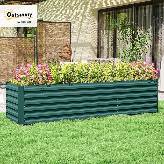 Outsunny 8 x 2 x 2ft Galvanized Raised Garden Bed Kit, Outdoor Metal Elevated Planter Box with Safety Edging, Large Raised Bed for Growing Flowers, Herbs and Vegetables, Green