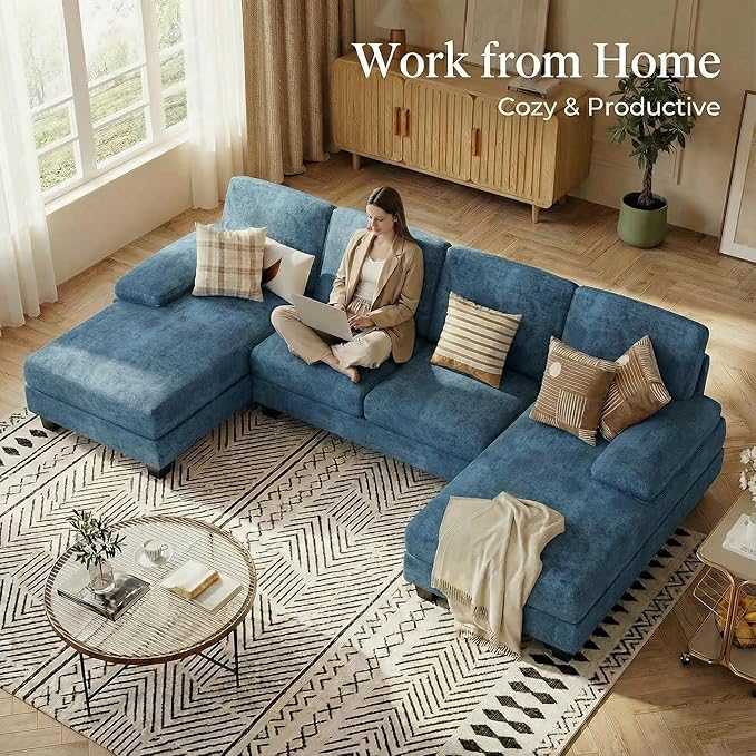 Homall Sectional U Shaped Sofa Couches for Living Room, Comfy Chenille 4 Seat Sofa Set with Removable Pillows, Lounge Chaise Upholstered Couch for for Apartment (Chenille, Light Blue)