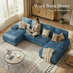 Homall Sectional U Shaped Sofa Couches for Living Room, Comfy Chenille 4 Seat Sofa Set with Removable Pillows, Lounge Chaise Upholstered Couch for for Apartment (Chenille, Light Blue)