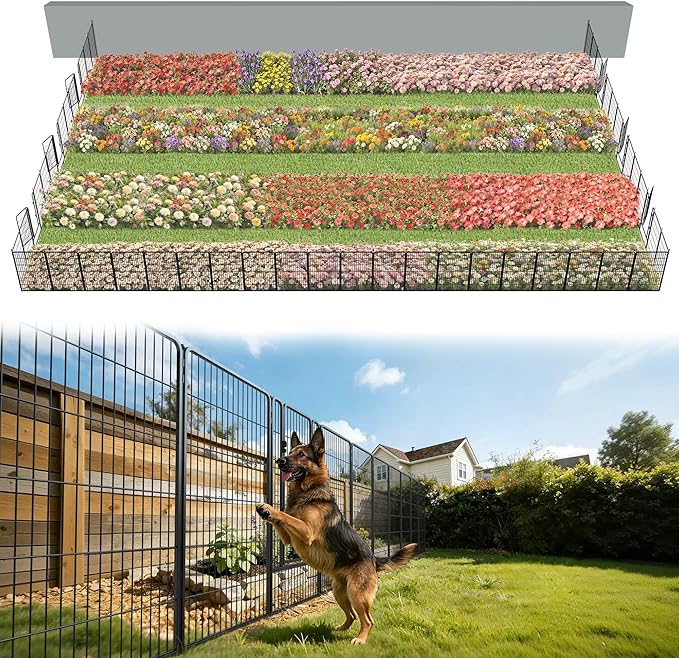 FXW Garden Fence Outdoor for The Yard – 45in(H) x 109.4ft(L) Heavy Duty Metal Animal Barrier for Dog and Rabbit, Decorative Dog Fence, 48 Panels, Black