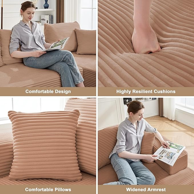 110” Cloud Sectional Couch, Boneless Sofa for Living Room, Modular Sectional Sofa with Deep Seat, Comfy Fluffy Couch with L-Shaped Chaise, No Assembly Required (Right-Facing Chaise, Camel)
