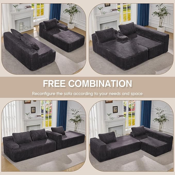 Modular Sectional Sofa Couches L-Shape Couch 3 Seat Modular Sofa Memory Foam Sectional Couches for Living Room, Cloud Couch with Oversized Chaise (Black Stripe, 108" Right Facing Chaise)