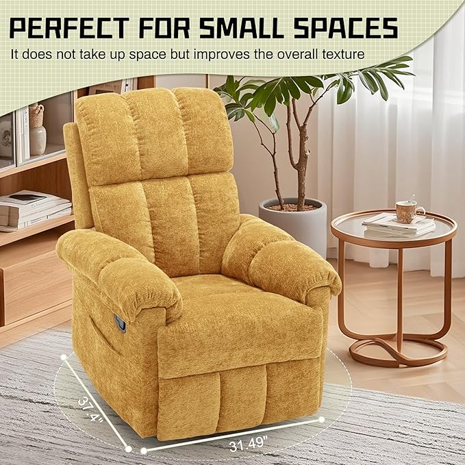 Recliner Chair, Swivel Rocker Recliner Chair for Adults, Small Recliners for Small Spaces, Upholstered Manual Recliner with Side Pockets, Nursery Rocking Chair for Living Room, Chenille, Yellow