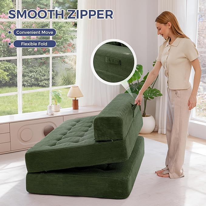 MAXYOYO Folding Sofa Couch, Convertible Floor Sleeper Couch with 2 Pillows, Tufted Floor Oversized Loveseat Couch Tufted Fold Out Chair Bed Comfy Sofa Lounge for Living Room Bedroom, Dark Green