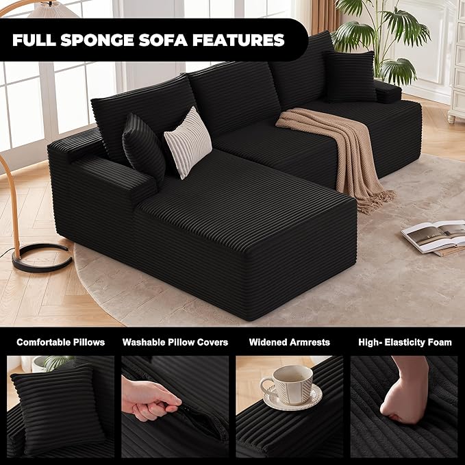 Cloud Sectional Sofa, Boneless Couch for Living Room, Modular Sectional Sofa with Deep Seat, Fluffy Comfy Couch with L-Shaped Chaise, No Assembly Required, Black