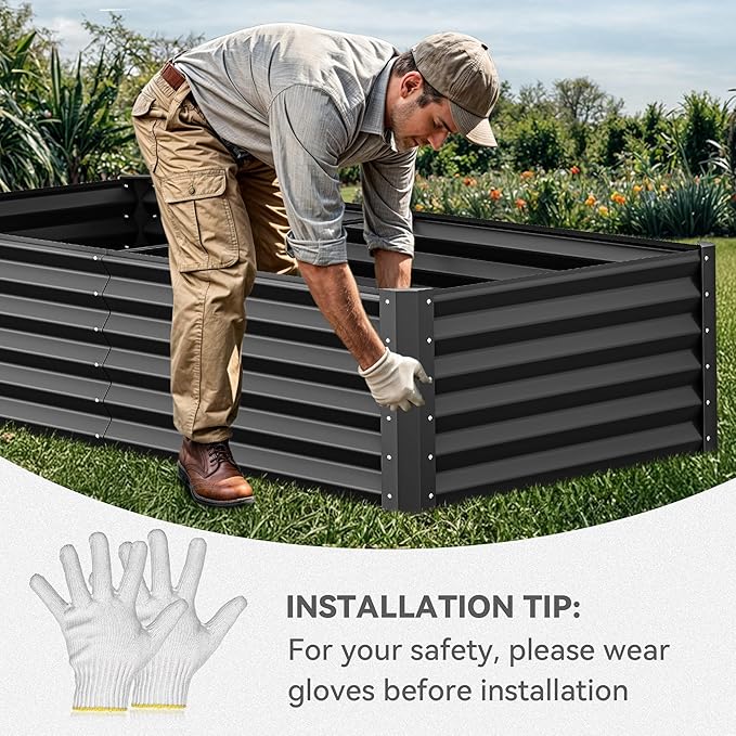YITAHOME 6x3x1.5 ft Galvanized Raised Garden Bed Kit, Large Metal Planter Box with Gloves & Support Rod, Outdoor Flower Bed for Plants Vegetables, Black