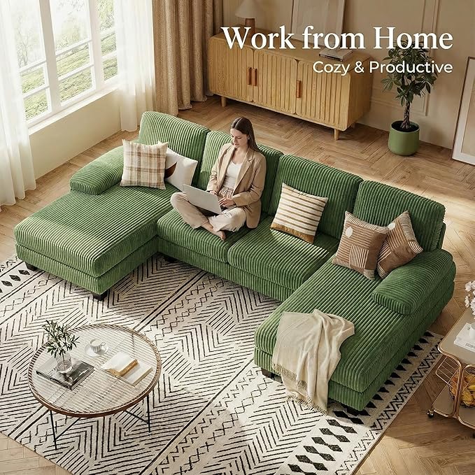 Homall Sectional U Shaped Sofa Couches for Living Room, Comfy Corduroy 4 Seat Sofa Set with Removable Pillows, Lounge Chaise Upholstered Couch for for Apartment (Corduroy, Dark Green)