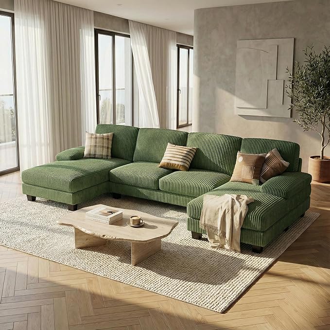 Homall Sectional U Shaped Sofa Couches for Living Room, Comfy Corduroy 4 Seat Sofa Set with Removable Pillows, Lounge Chaise Upholstered Couch for for Apartment (Corduroy, Dark Green)