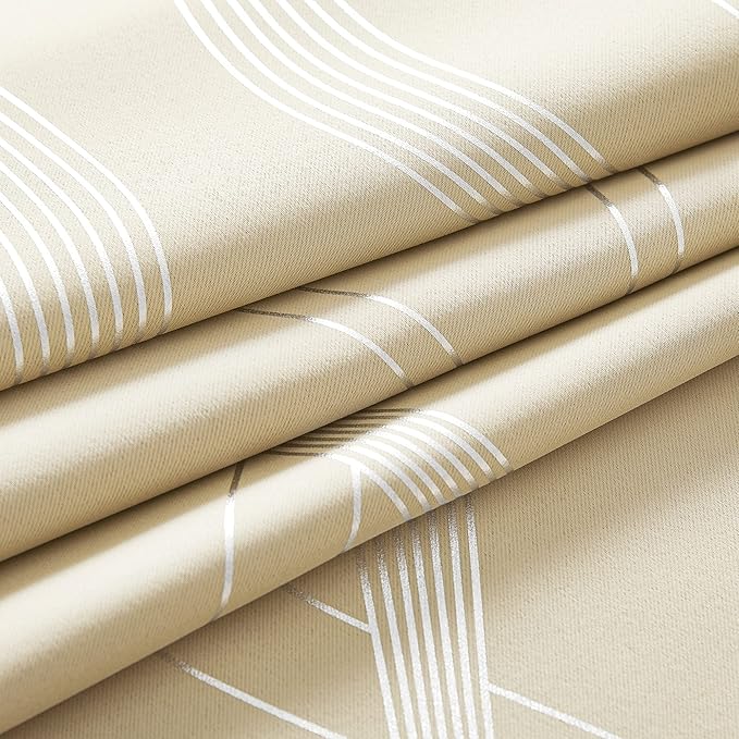 NICETOWN Bedroom Short Blackout Curtain Panels, Window Treatment Thermal Insulated Room Darkening Wave Line Foil Print Design Curtains for Kitchen, Cafe, Loft (Biscotti Beige, Set of 2, 42 by 63 Inch)