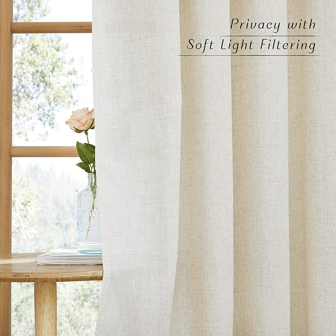 NICETOWN Natural Short Linen Cafe Curtains for Kitchen, Thick Flax Small Window Treatments Semi Sheer Privacy Assured with Light Through for Cafe/Bathroom, W42 x L48, 2 Panels