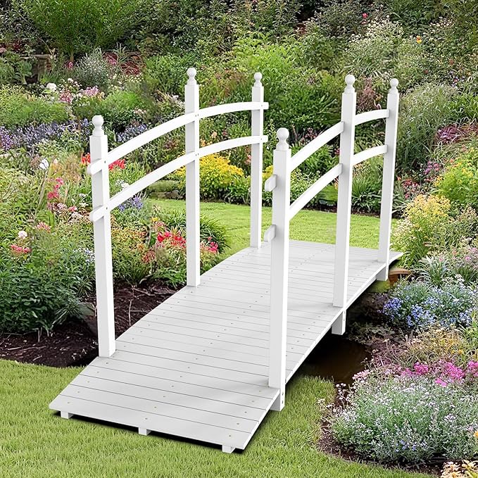 VINGLI Garden Bridge, Classic Wooden Bridge with Safety Rails, Decorative Arhced Footbridge for Patio Pond, Creek, Pathway (White, 7.5 ft)