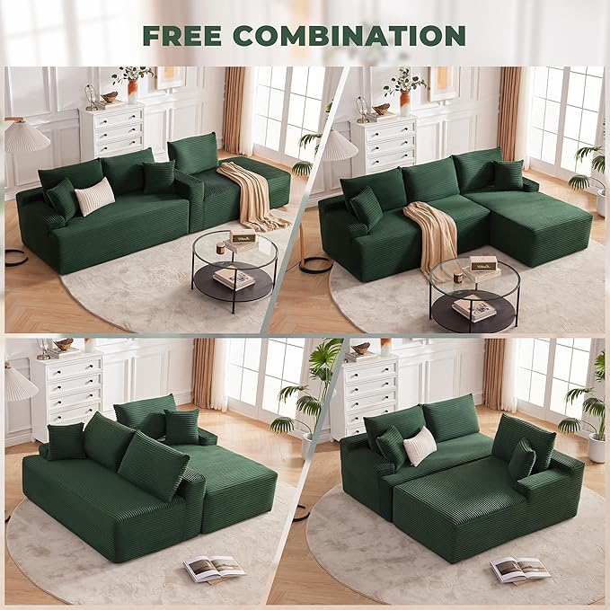 Cloud Sectional Sofa, Boneless Couch for Living Room, Modular Sectional Sofa with Deep Seat, Fluffy L-Shaped Comfy Couch with Right-Facing Chaise, No Assembly Required, Green