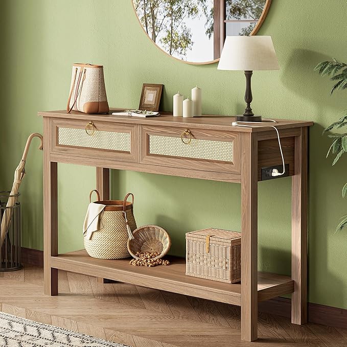 SUPERJARE Rattan Console Sofa Table with Outlets and USB-C Port, 2 Drawer Entryway Table with Synthetic Rattan Surface, 39 Inch, Open Shelf, Behind Couch Entry Foyer Hallway Storage, Brown