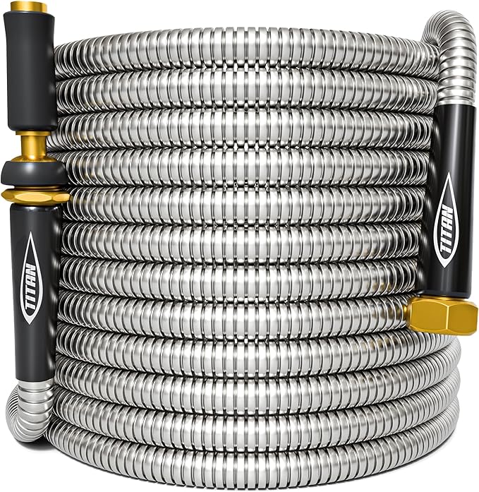 TITAN Garden Hose 30FT - 304 Stainless Steel Metal Water Hose, Flexible, Kink-Free, Lightweight, Durable, Crush Resistant Fittings, Easy to Coil, 500 PSI