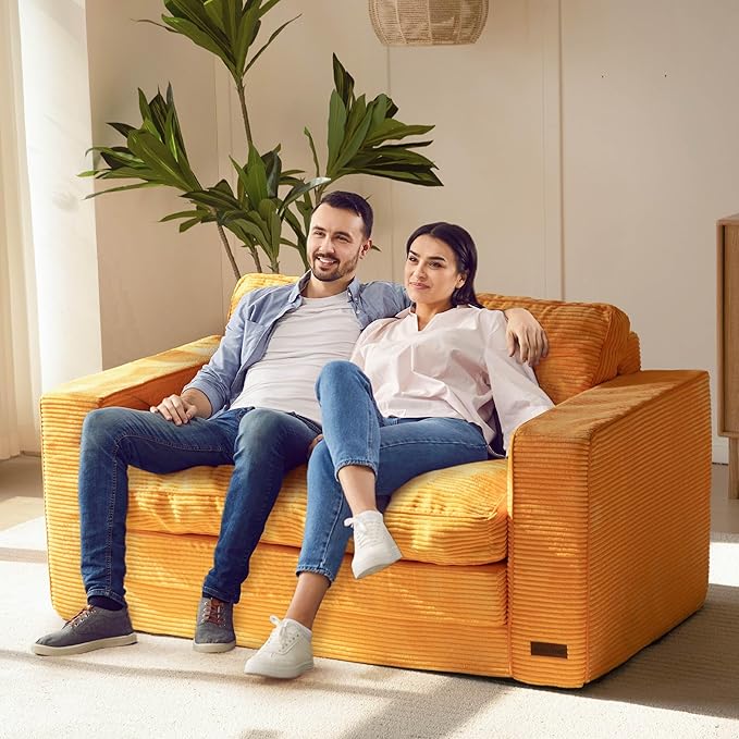 MAXYOYO Convertible Sofa Bed, Pull Out Loveseat Sleeper Sofa, 2 in 1 Folding Couch Bed, Fold Out Floor Couch with Pillows for Living Room Bedroom Lounge, Orange