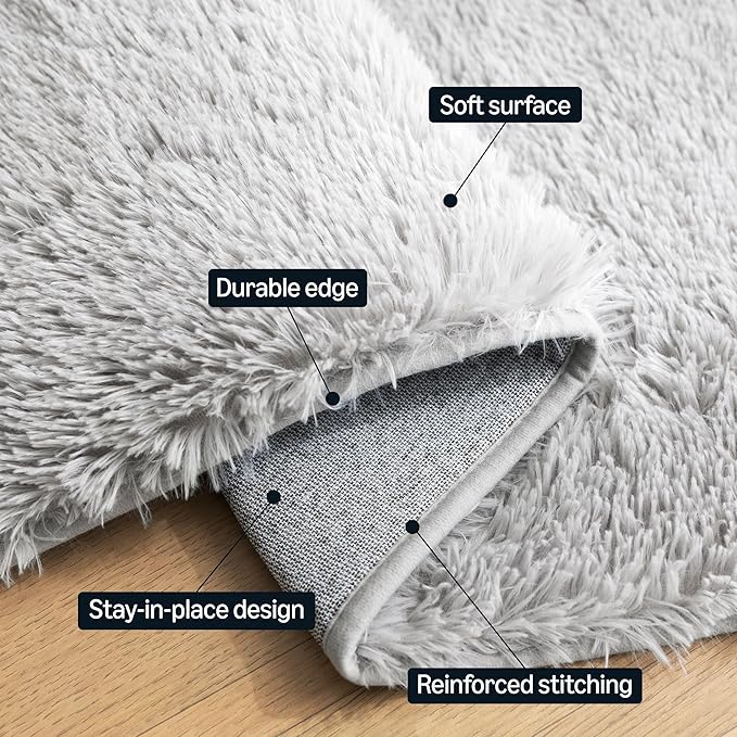 Amazon Basics Fluffy Washable Area Rug, Shaggy Carpet for Living Room, Bedroom, 6' W × 9' L, Gray