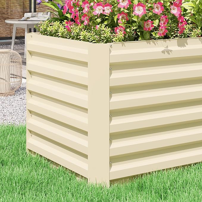 Outsunny 8 x 2 x 2ft Galvanized Raised Garden Bed Kit, Outdoor Metal Elevated Planter Box with Safety Edging, Large Raised Bed for Growing Flowers, Herbs and Vegetables, Cream White