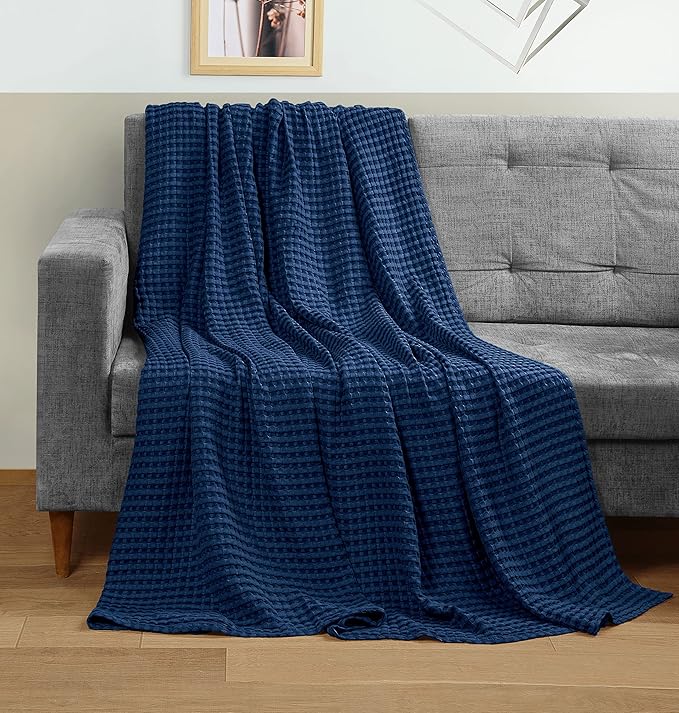 Utopia Bedding Navy 100% Cotton Waffle Blanket 300 GSM [King - 90x108 Inch] Soft Lightweight Breathable Bed Blanket for All Season