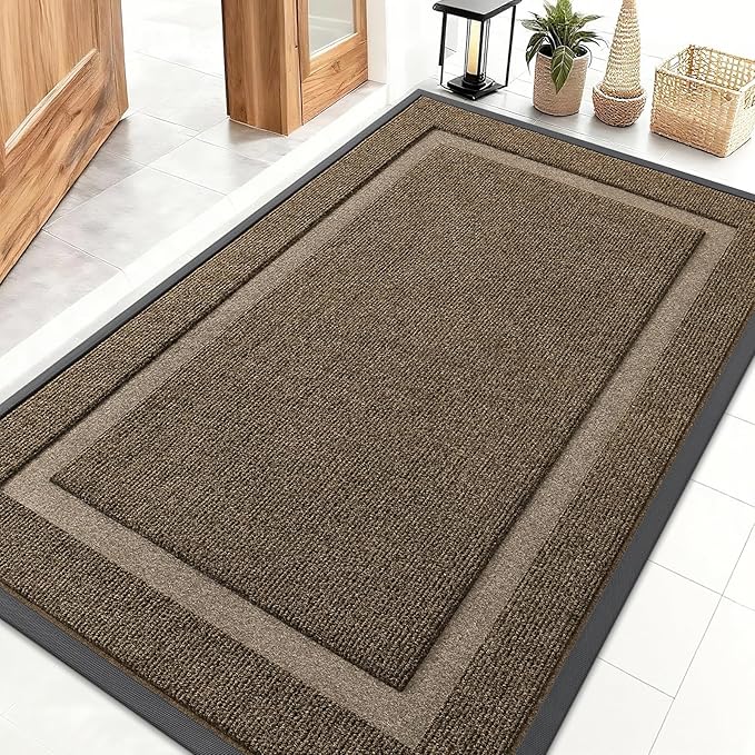OLANLY Front Door Mat Indoor Outdoor Entrance, Waterproof All-Season, All-Weather Doormat, Sturdy Natural Rubber, Fade Resistant, Low Profile, Easy Clean Patio Porch Entryway Mat, 59x40, Brown