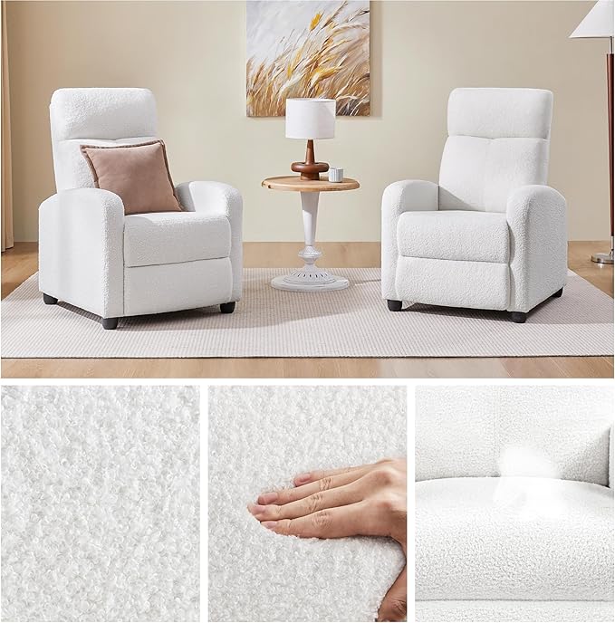 Yaheetech Boucle Recliner Chair Single Sofa Home Theater Seating Adjustable Modern Single Reclining Chair for Living Room Bedroom Home Theater White
