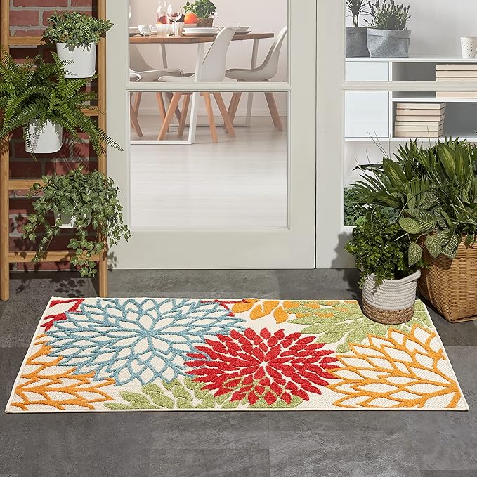 Nourison Home Aloha Indoor/Outdoor Green 3' x 5' Area Rug, Tropical, Botanical, Easy Cleaning, Non Shedding, Bed Room, Living Room, Dining Room, Deck, Backyard, Patio (3x5)