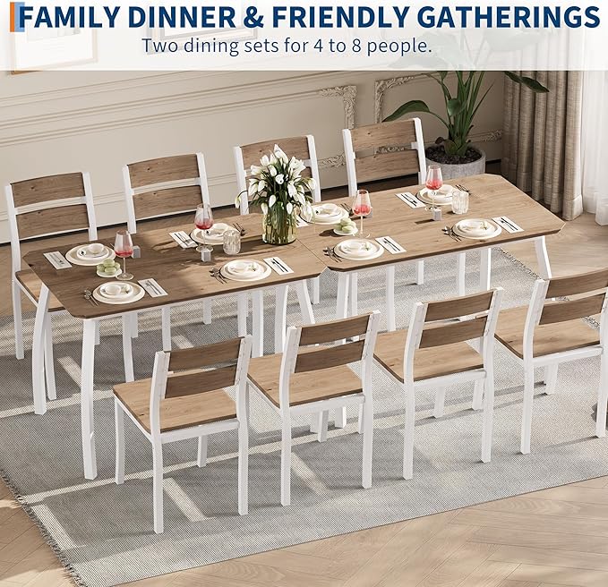 IDEALHOUSE Dining Table Set for 4 Modern Kitchen Table and Chairs Set with Chamfered Edges Cushioned Seats Space-Saving Metal Frame for Dining Room Apartment Small Spaces, White & Wood Grain Color