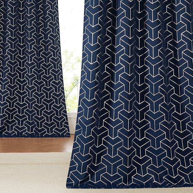 NICETOWN Blackout Curtain Panels 84 inches Long, Window Treatment Foil Printed Diamond Pattern Thermal Insulated Grommet Blackout Drapes for Living Room/Office/Guest Room(Navy, 1 Pair, 52 inches Wide)