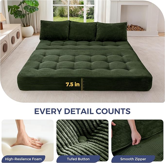 MAXYOYO Folding Sofa Couch, Convertible Floor Sleeper Couch with 2 Pillows, Tufted Floor Oversized Loveseat Couch Tufted Fold Out Chair Bed Comfy Sofa Lounge for Living Room Bedroom, Dark Green
