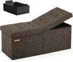 HAUSFRAU 31.5 Inches Ottoman with Storage Bench, Folding Ottoman Bench Small Foot Rest Stool, Bedroom Bench with Flipping Lid, Linen Espresso