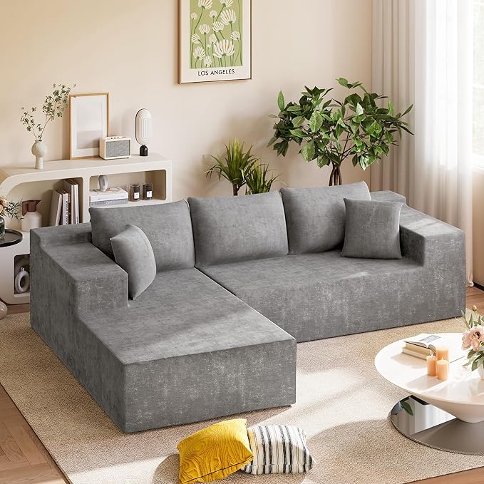 Homall 108" Modular Sectional Sofa, Boneless Couch with L-Shape Chaise, Cloud Couch with Deep Seat Upholstered, No Assembly Required for Living Room, Bedroom (Chenille, Grey)