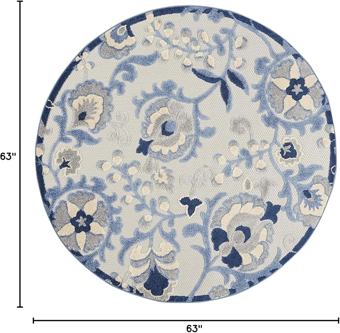 Nourison Home Aloha Blue Grey 5'3" x Round Area Rug - Easy Clean, Non Shedding, Bed Room, Living Room, Dining Room, Kitchen (5' x Round)