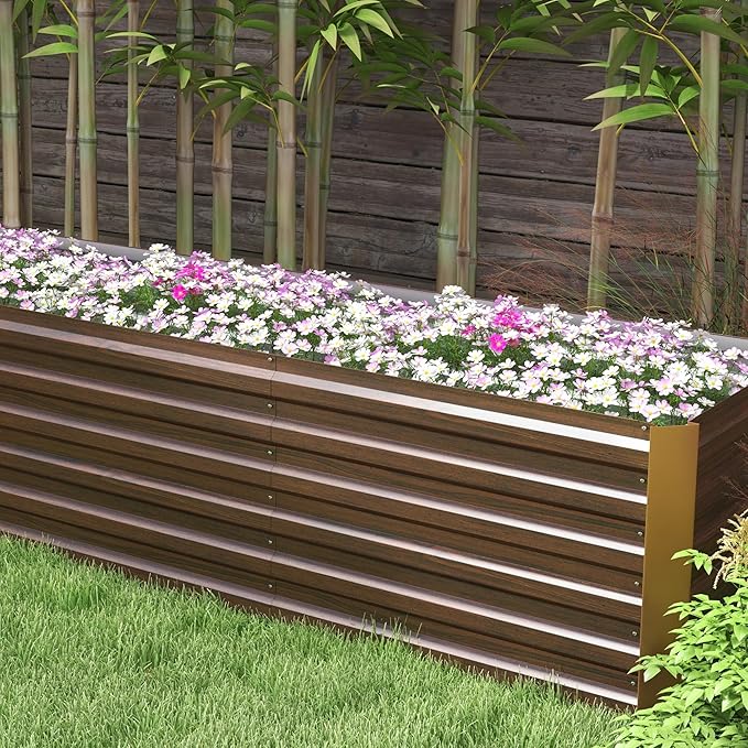 Outsunny 8 x 2 x 2ft Galvanized Raised Garden Bed Kit, Outdoor Metal Elevated Planter Box with Safety Edging, Large Raised Bed for Growing Flowers, Herbs and Vegetables, Brown